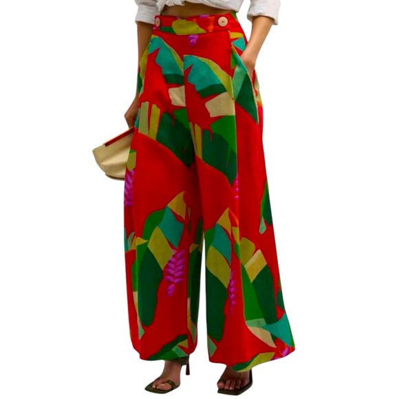 Farm Rio / Floral Linen High-Rise Wide-Leg Pants / Boho Luxury Vacation Pants - Picture 1 of 2